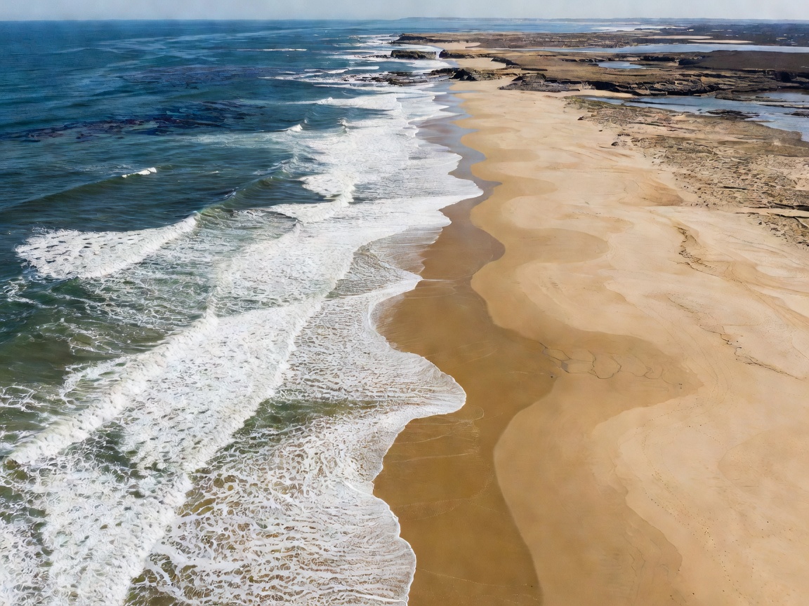 Aerial view of long sandy beach and surf along an exposed coastline