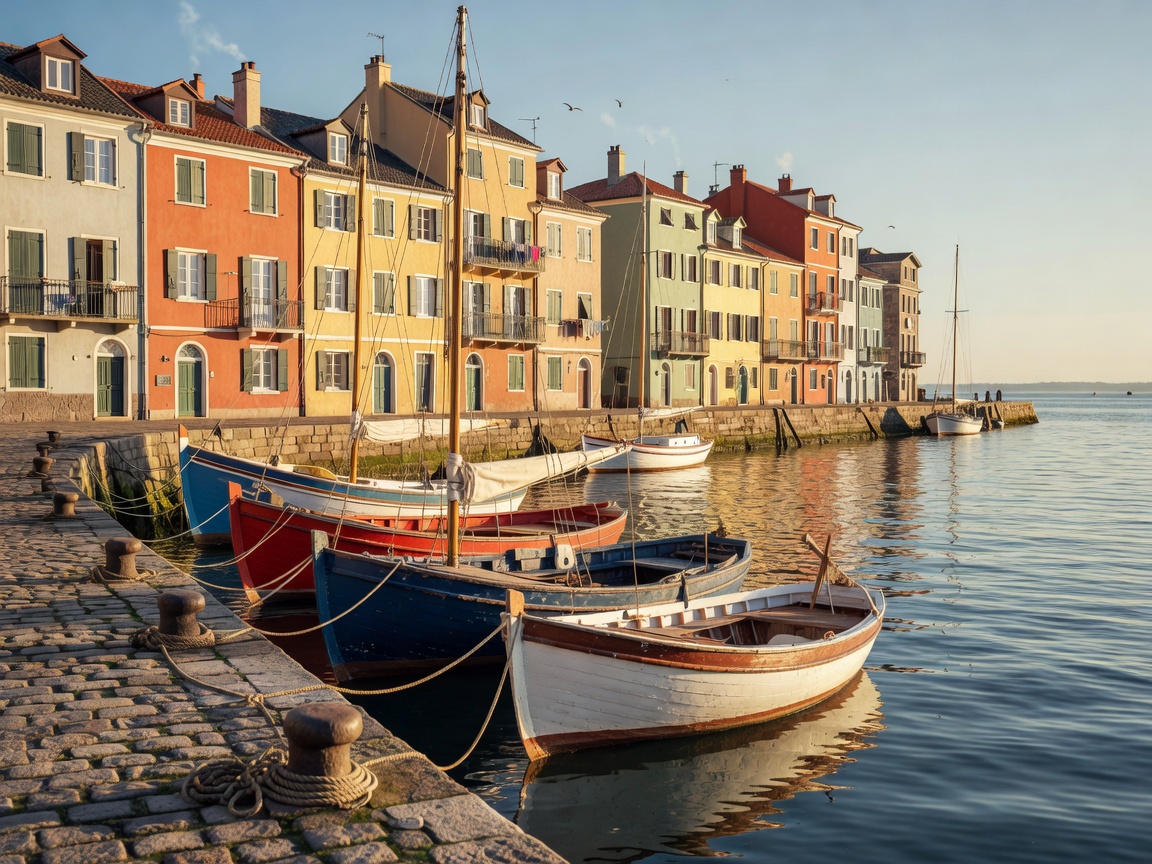 Boats moored along a harbour quay in front of waterside buildings