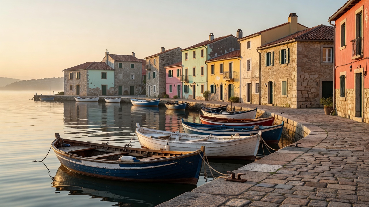 Boats moored in a quiet harbour beside coastal town buildings
