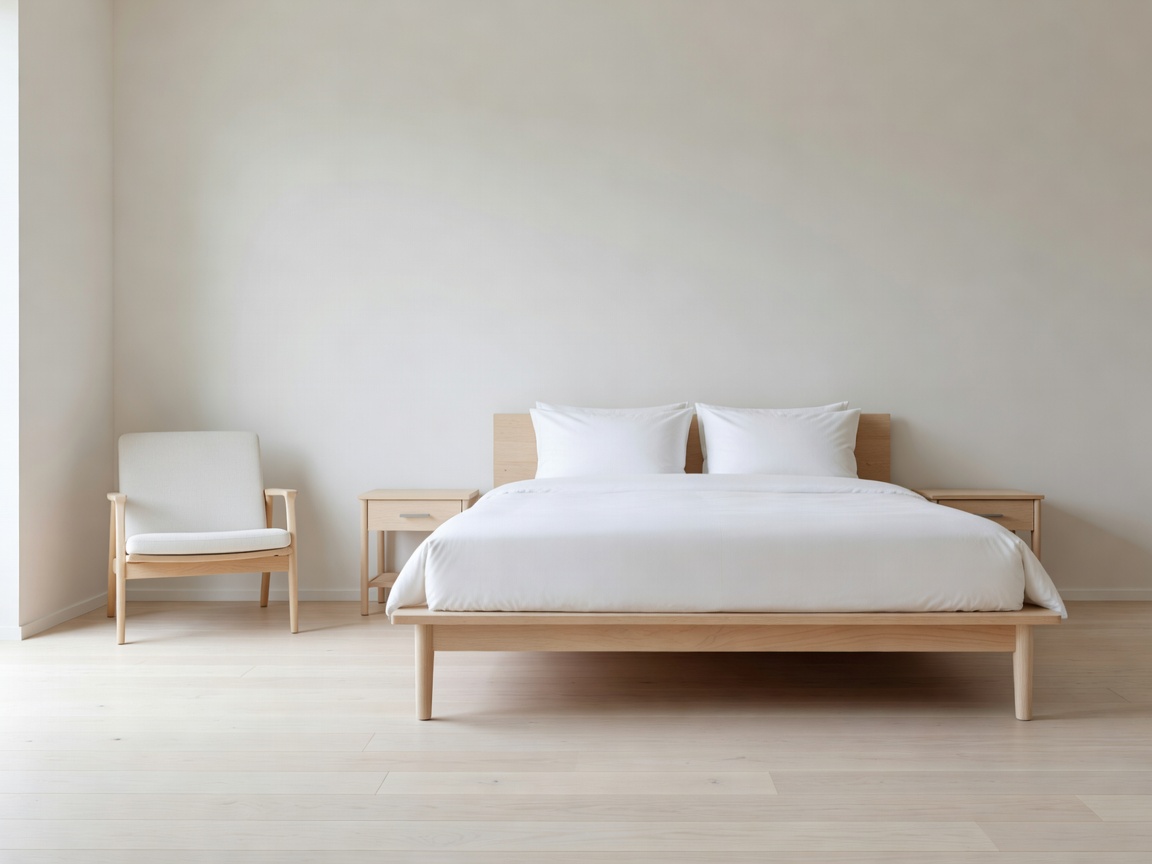 Bright minimal hotel bedroom with pale wooden floor and Scandinavian furniture