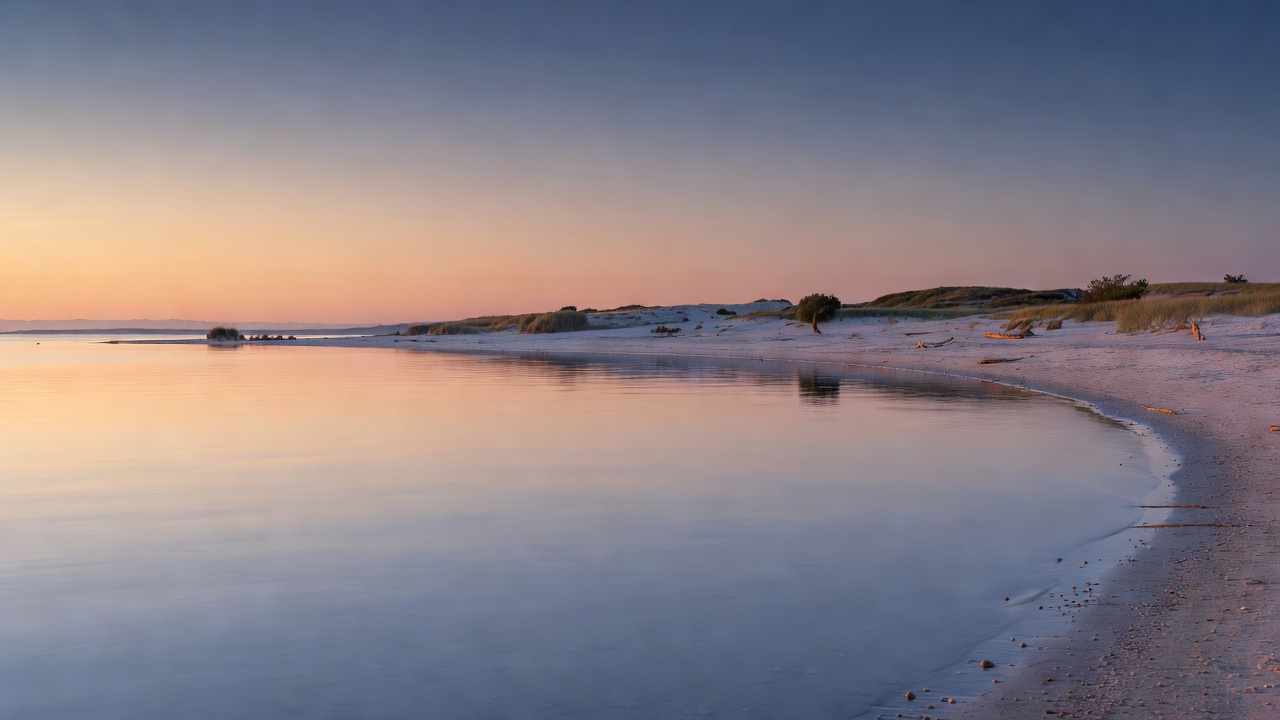 Calm coastal water and low shoreline in soft evening light