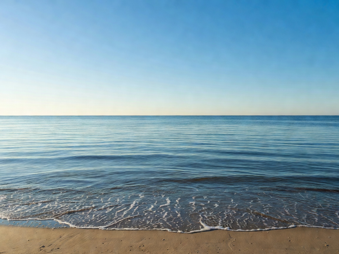 Calm open sea seen from a low shoreline on a bright weekend morning