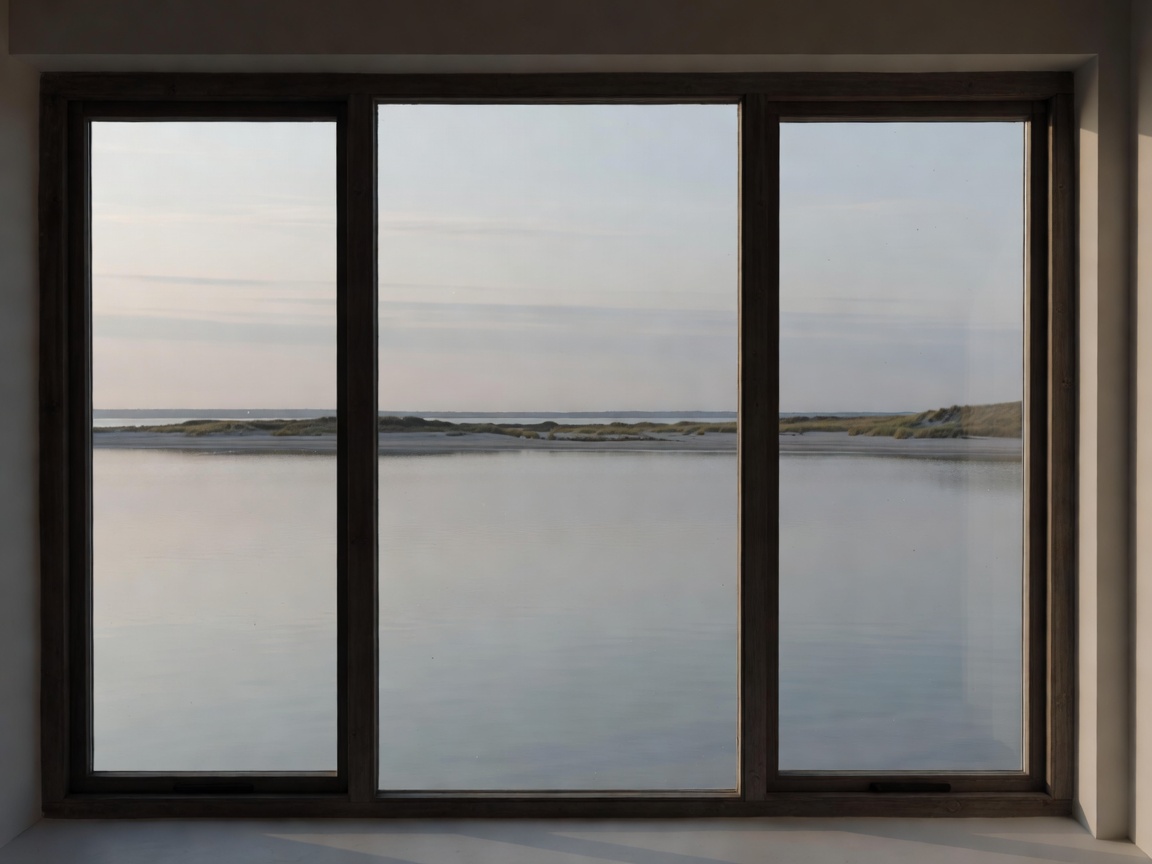 Calm water and low shoreline seen through a large window from a coastal room