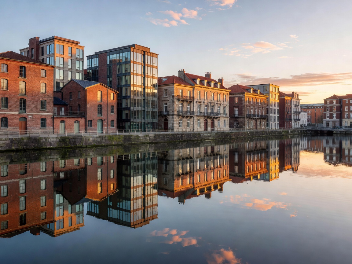 City buildings along a calm harbour canal reflected in the water