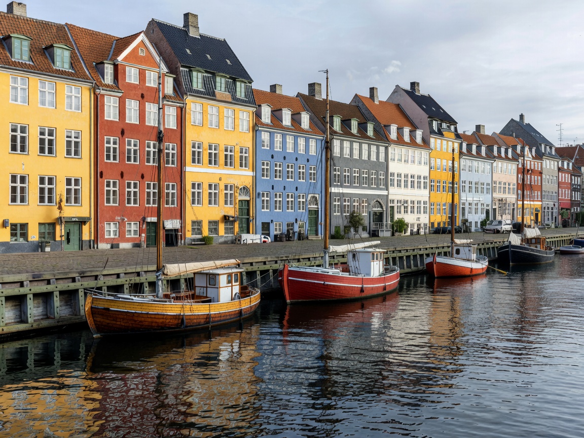 Colourful harbour-town houses lining a quay in a Danish coastal town