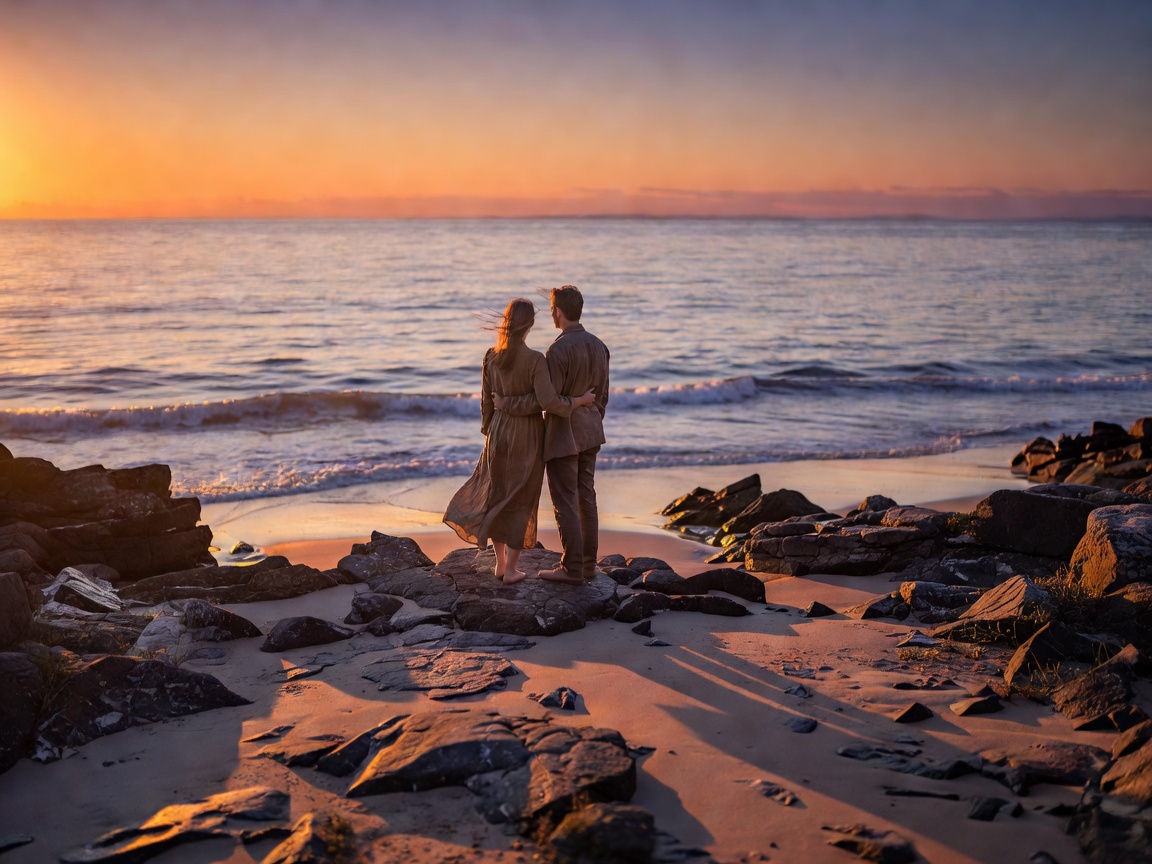 Couple watching the sea from a quiet stretch of coastline in the evening light
