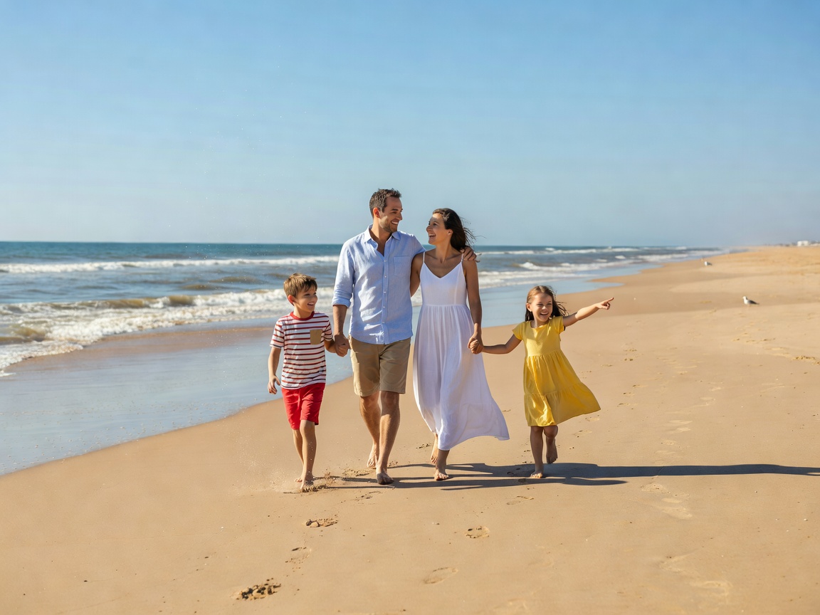 Family walking together along a wide sandy beach on a bright day