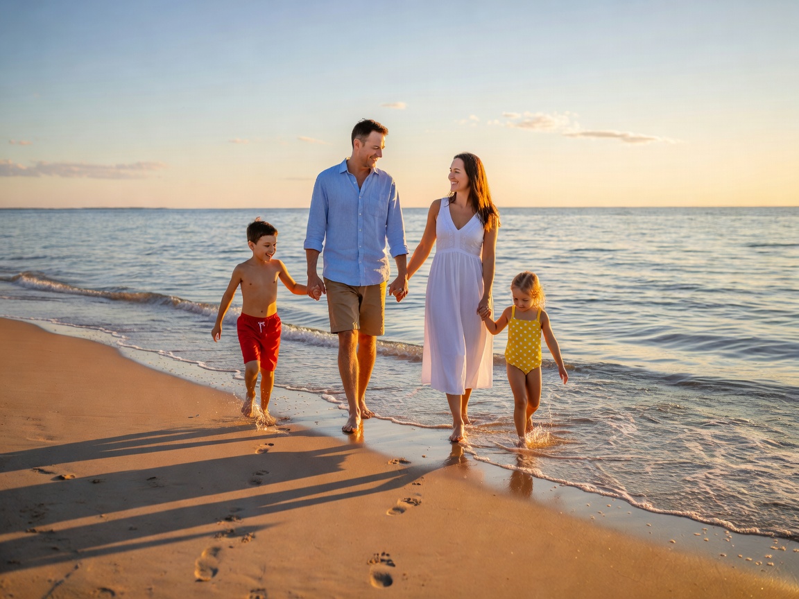Family walking together at the water's edge on a sandy beach