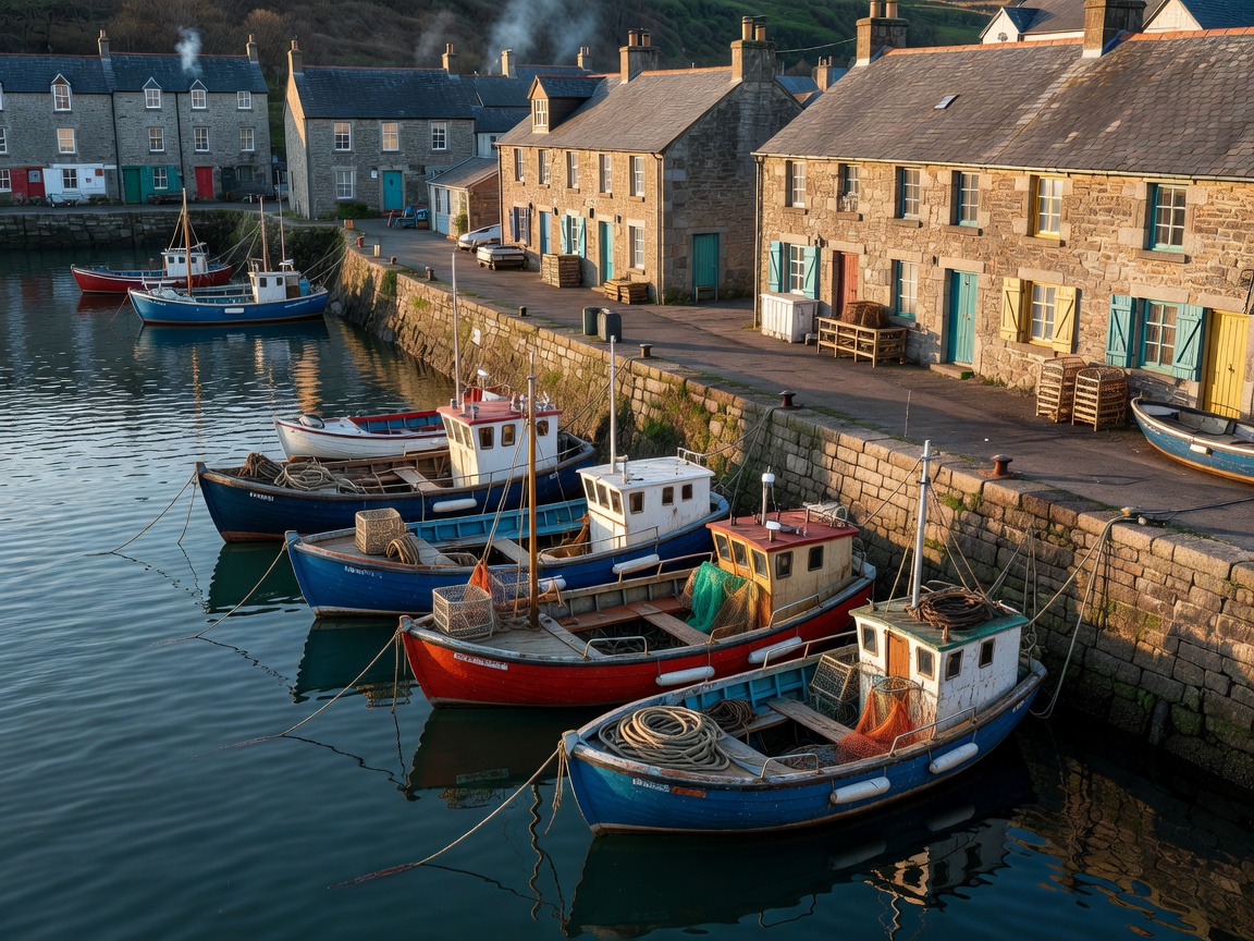 Harbour with moored fishing boats and quayside buildings in a coastal town