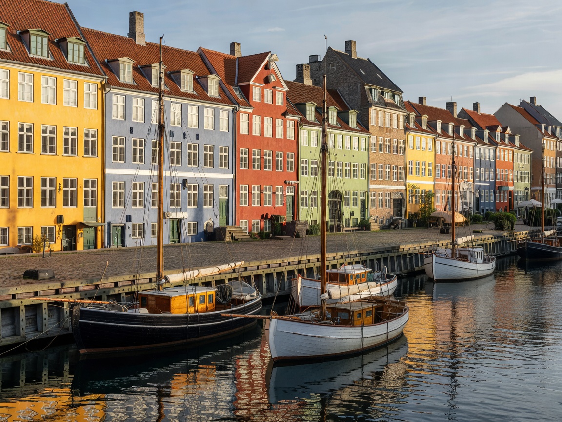 Historic Copenhagen harbour front with colourful townhouses and moored wooden boats