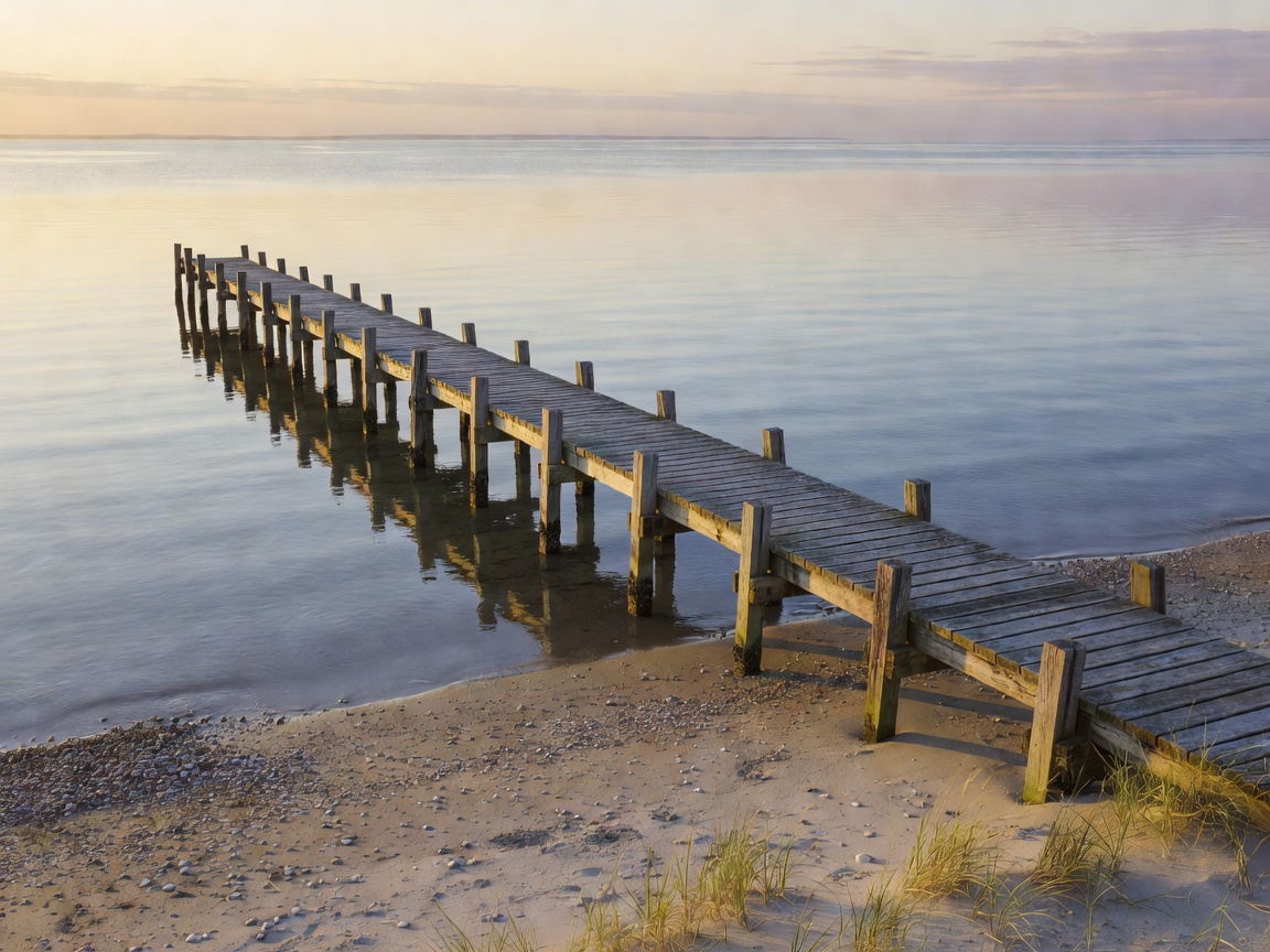 Wooden jetty and quayside beside calm harbour water at dusk