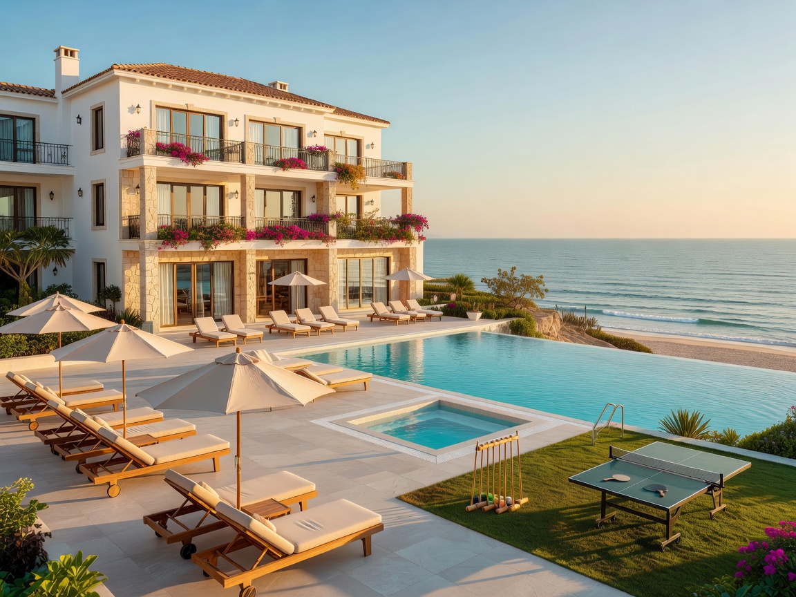 Large coastal hotel property with terrace, loungers and leisure facilities