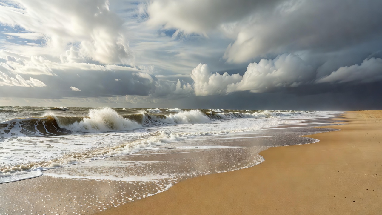 North Sea waves rolling onto a wide open sandy beach under a big sky
