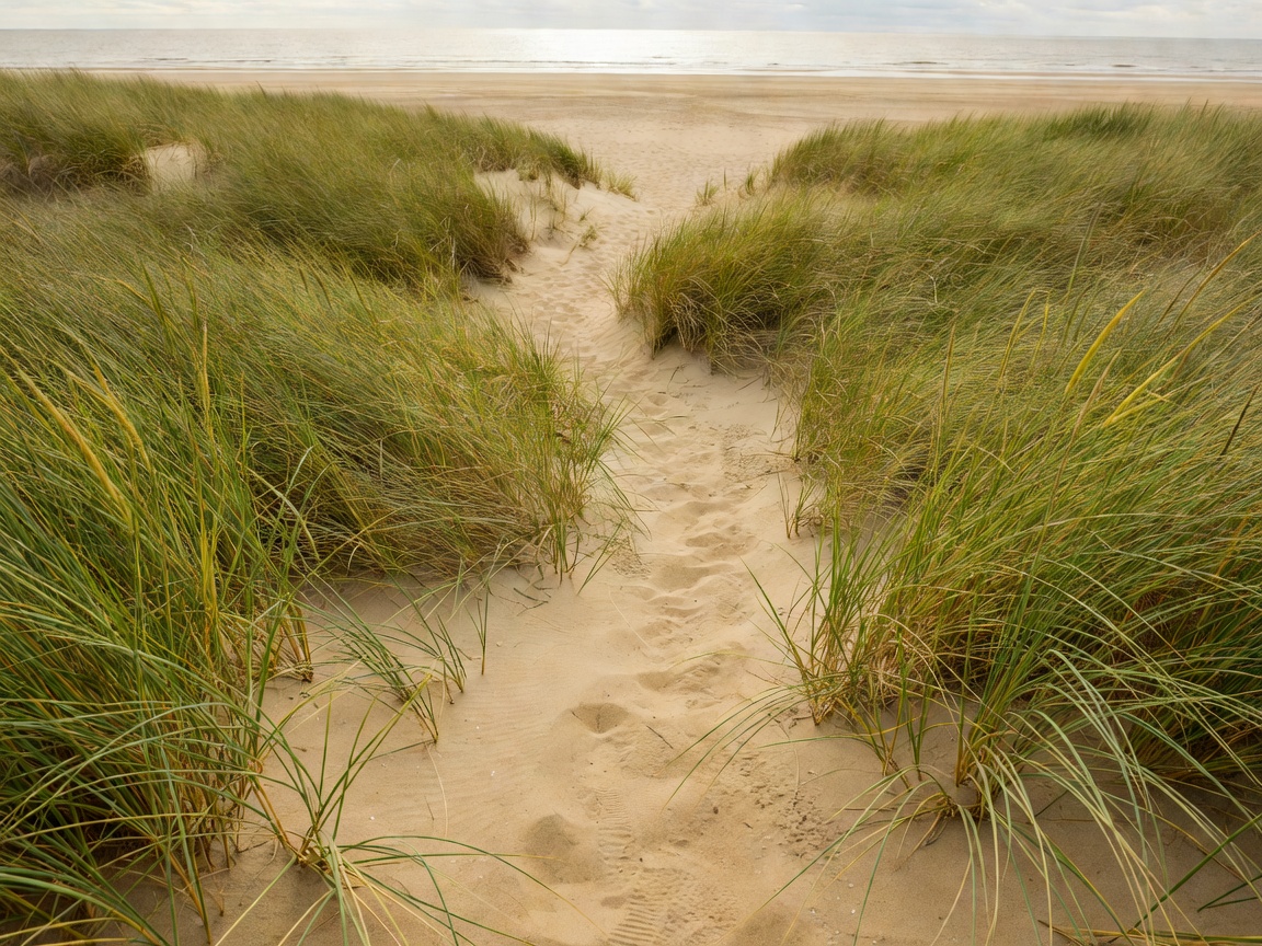 Path through dune grass leading toward a sandy beach