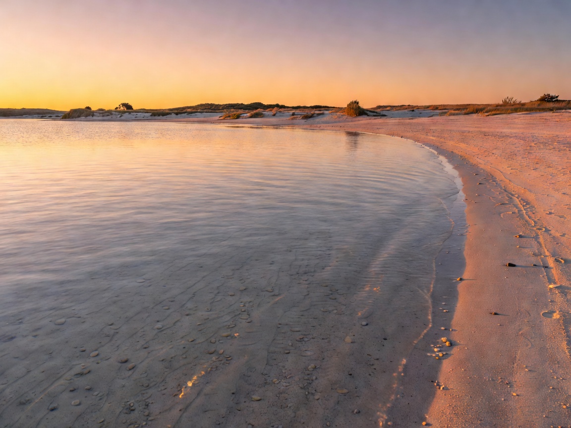 Quiet bay with shallow water and low coastline at golden hour