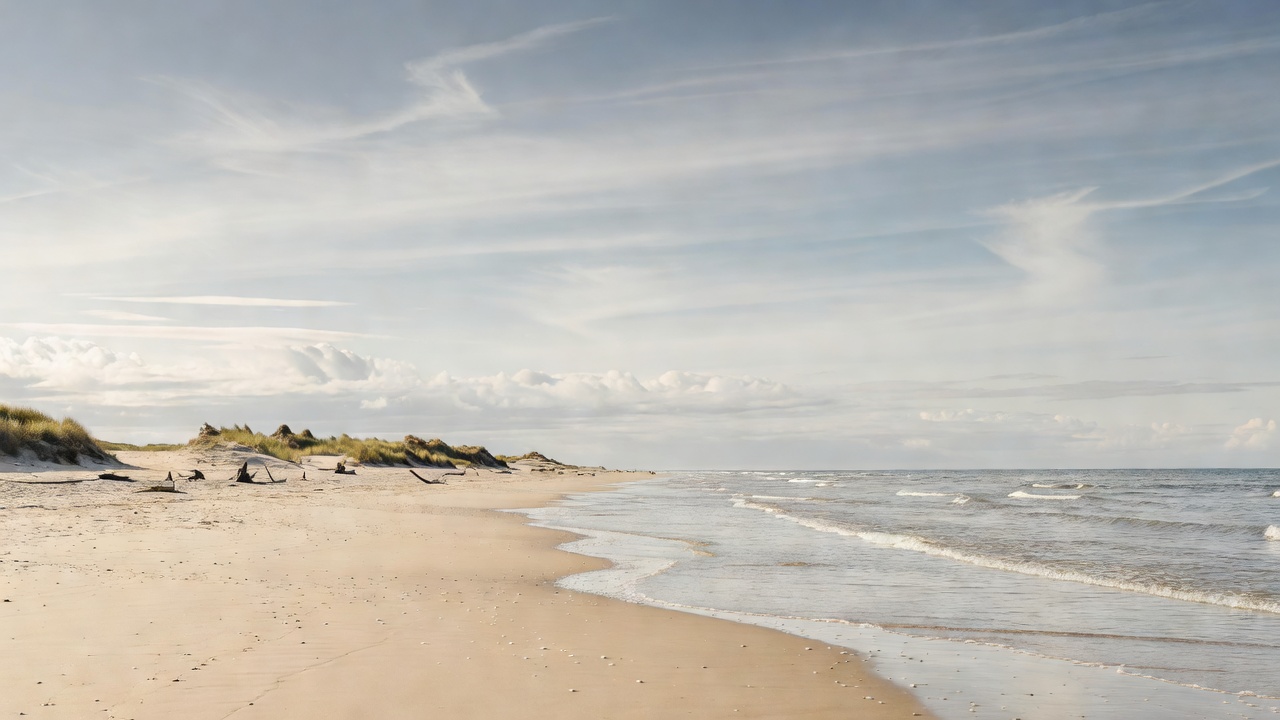 Quiet shoreline with gentle waves and open sky on a Danish style coast