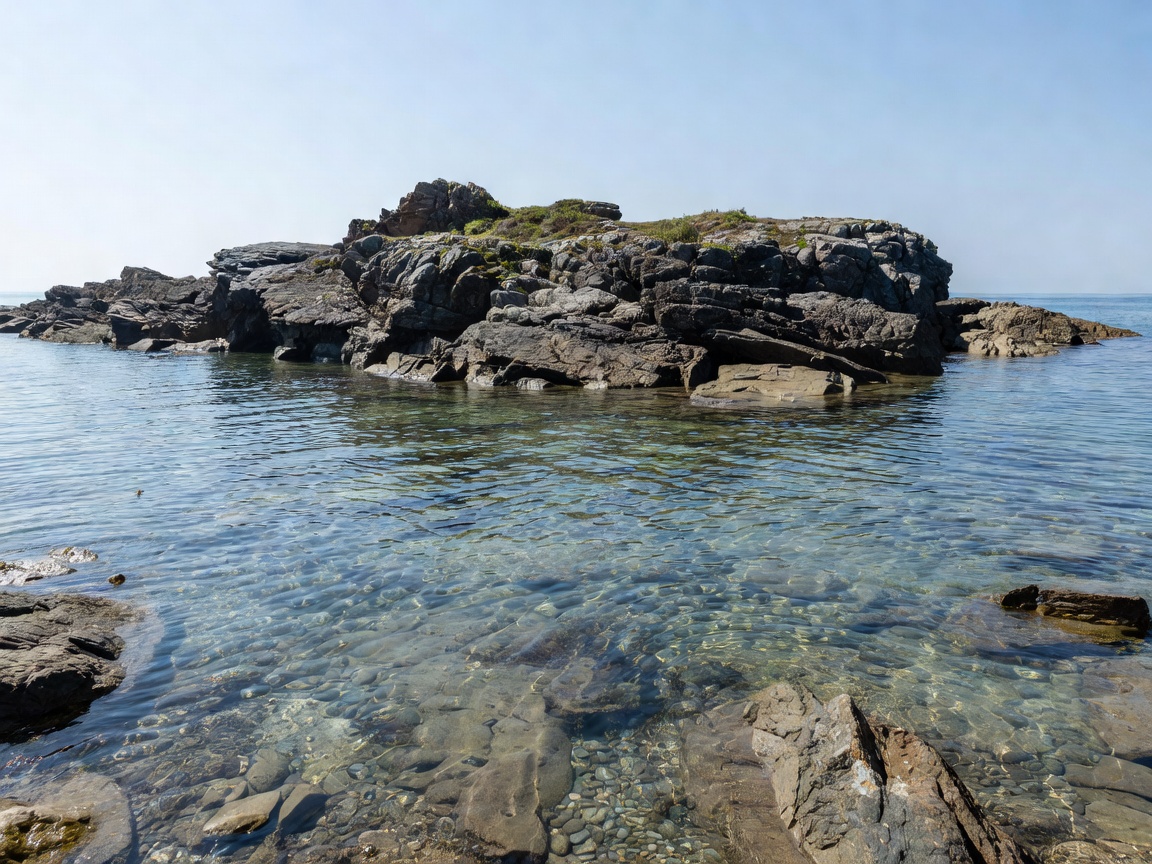 Rocky island shoreline with clear water and low cliffs