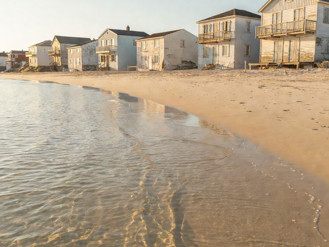Sandy beach with shallow clear water directly in front of coastal buildings