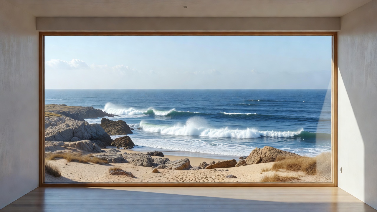 Sea and coastline seen through a wide window of a light coastal room