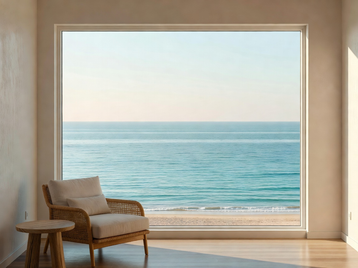 Sea horizon framed by a large window in a bright hotel room