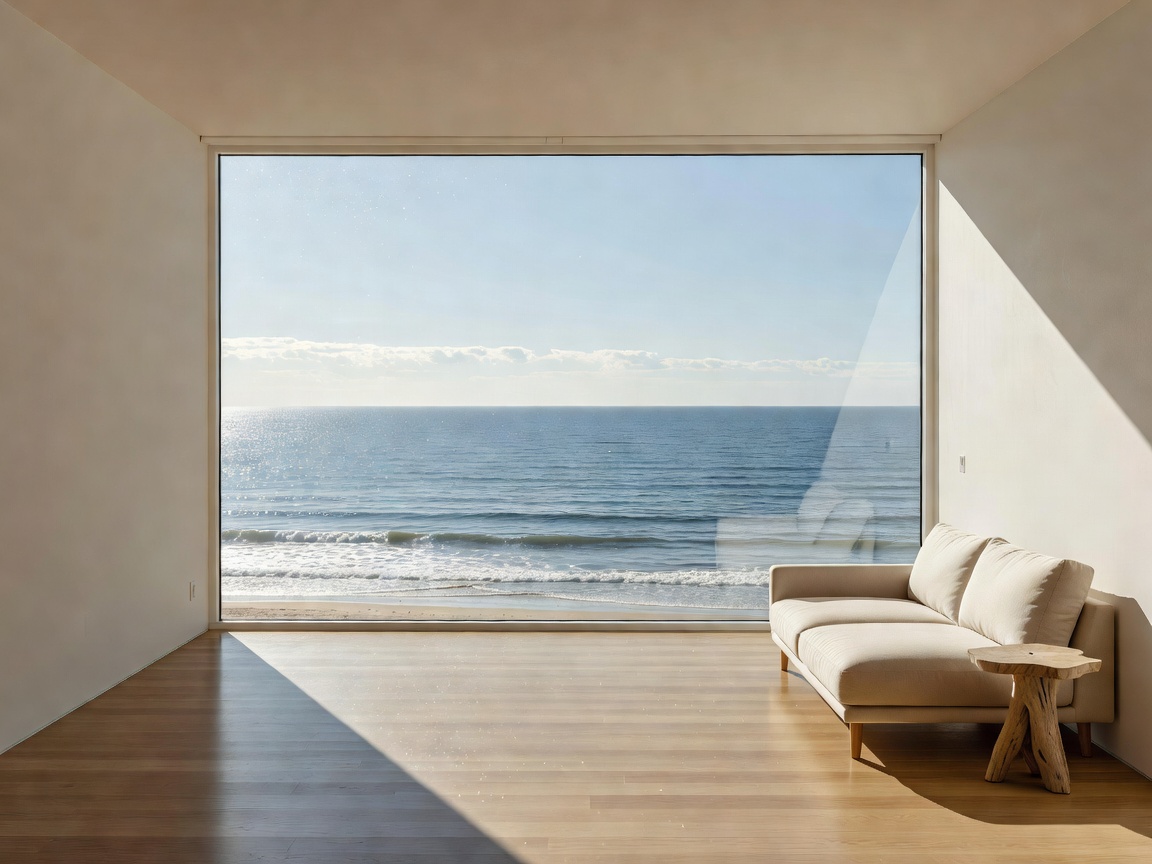 View of the sea through a large hotel room window with a light interior