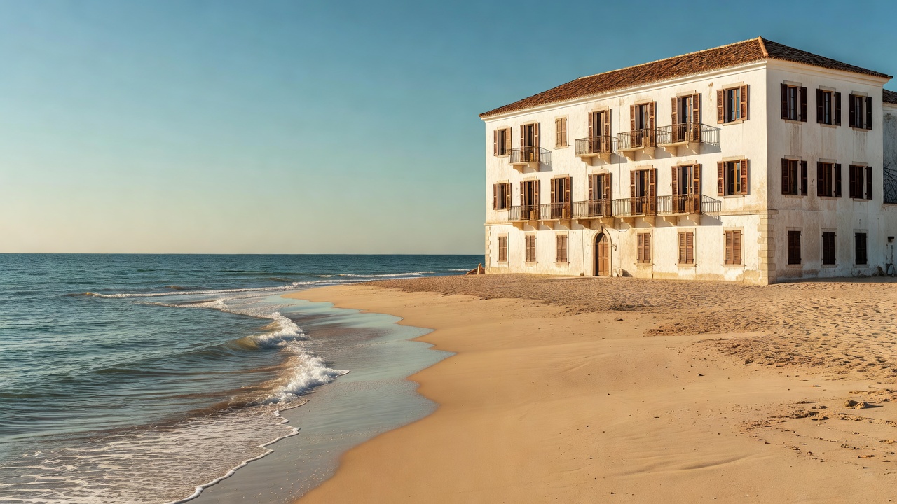 Seaside hotel building beside a sandy shoreline with the sea in the background