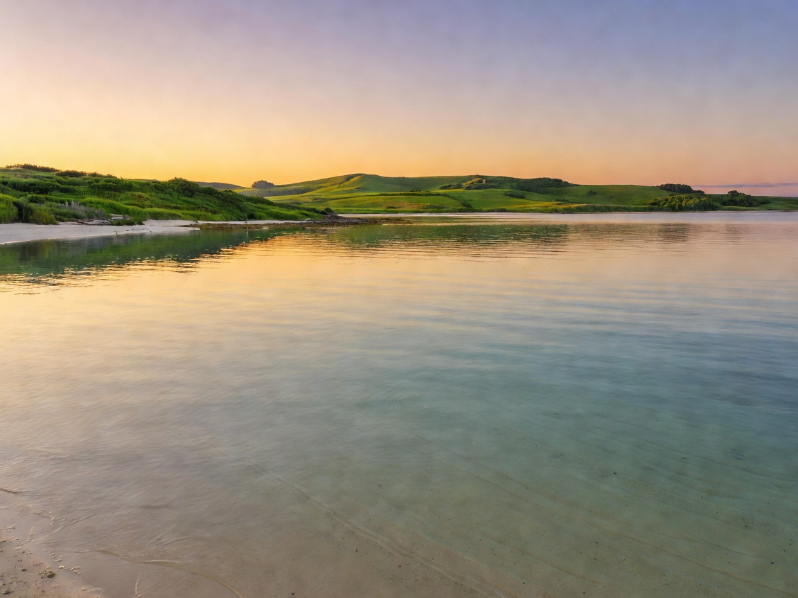 Low green coastline beside a calm bay in soft evening light