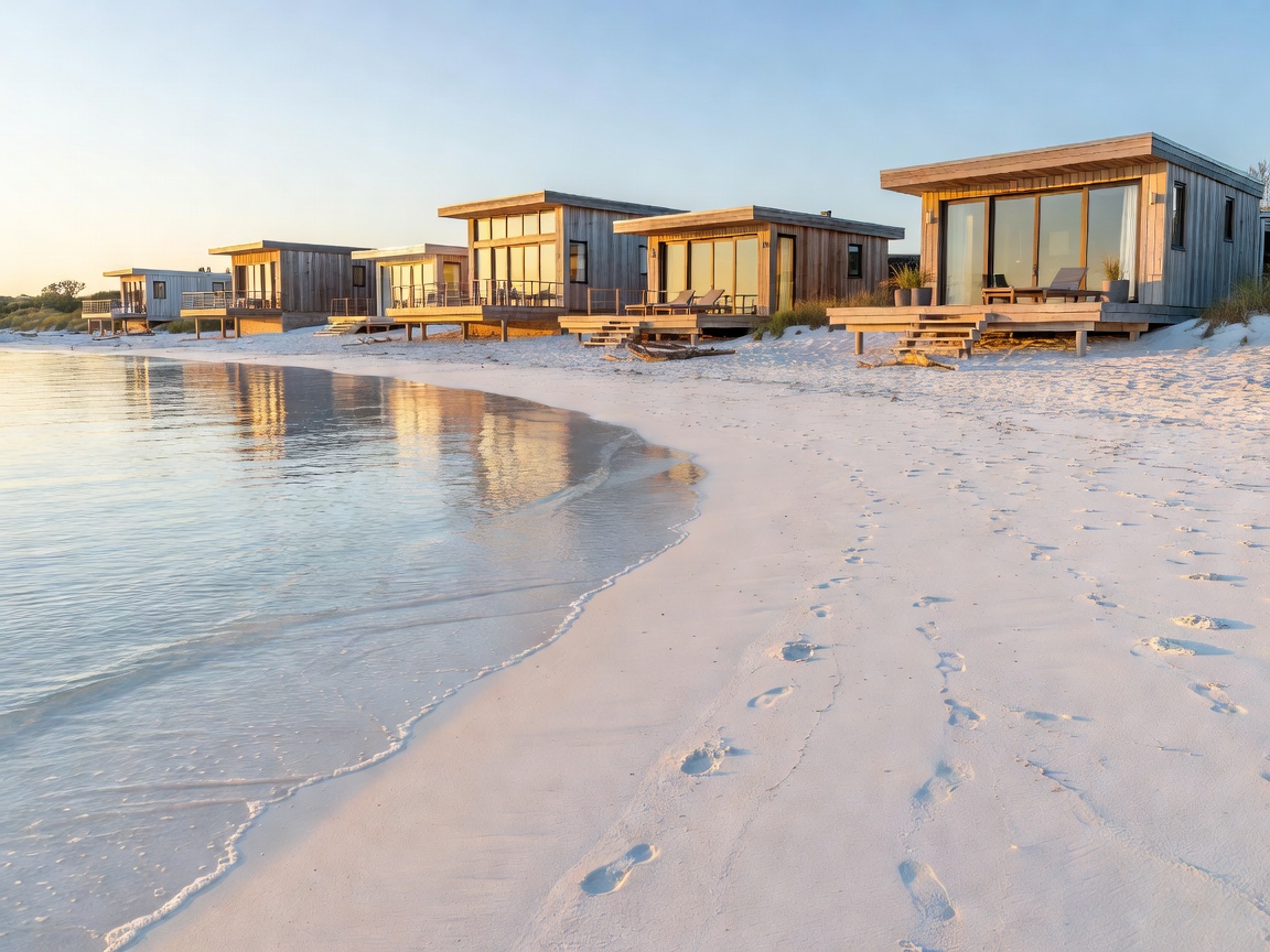 Shoreline with fine sand and shallow water directly in front of coastal accommodation