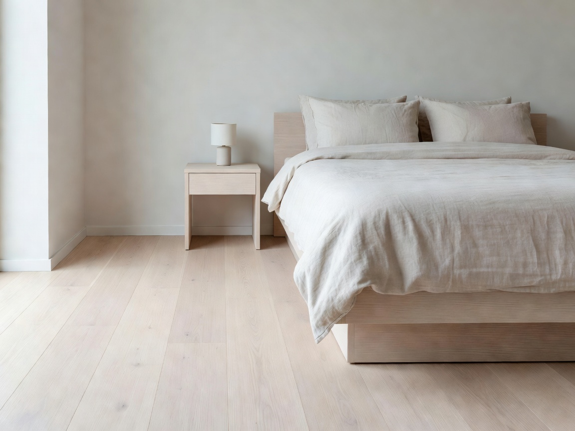 Small bright hotel room with pale timber floor, linen bedding and Scandinavian styling