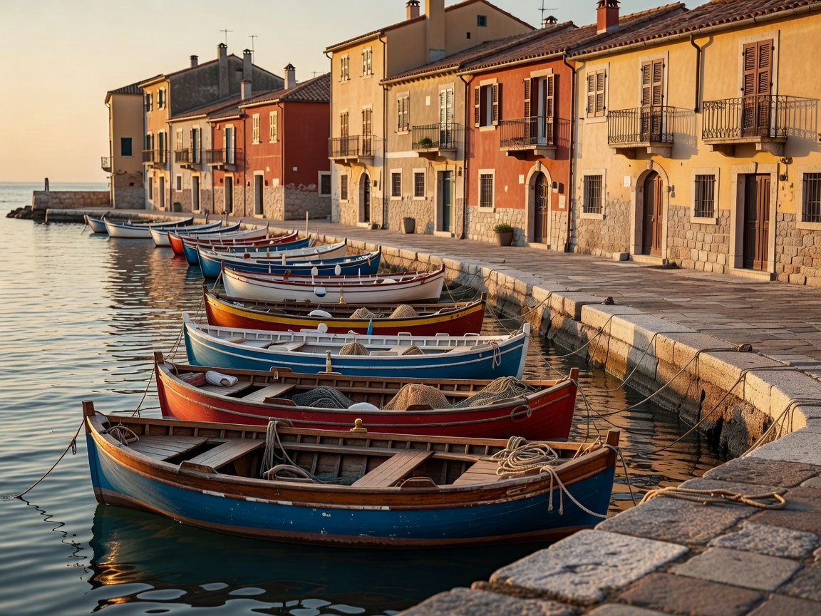 Traditional fishing boats moored along a harbour quay beside waterfront buildings