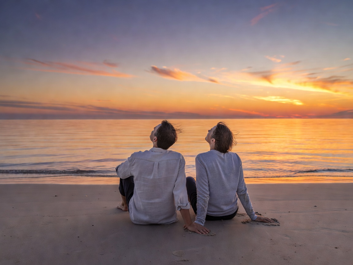 Two people on a quiet beach watching evening light over the sea