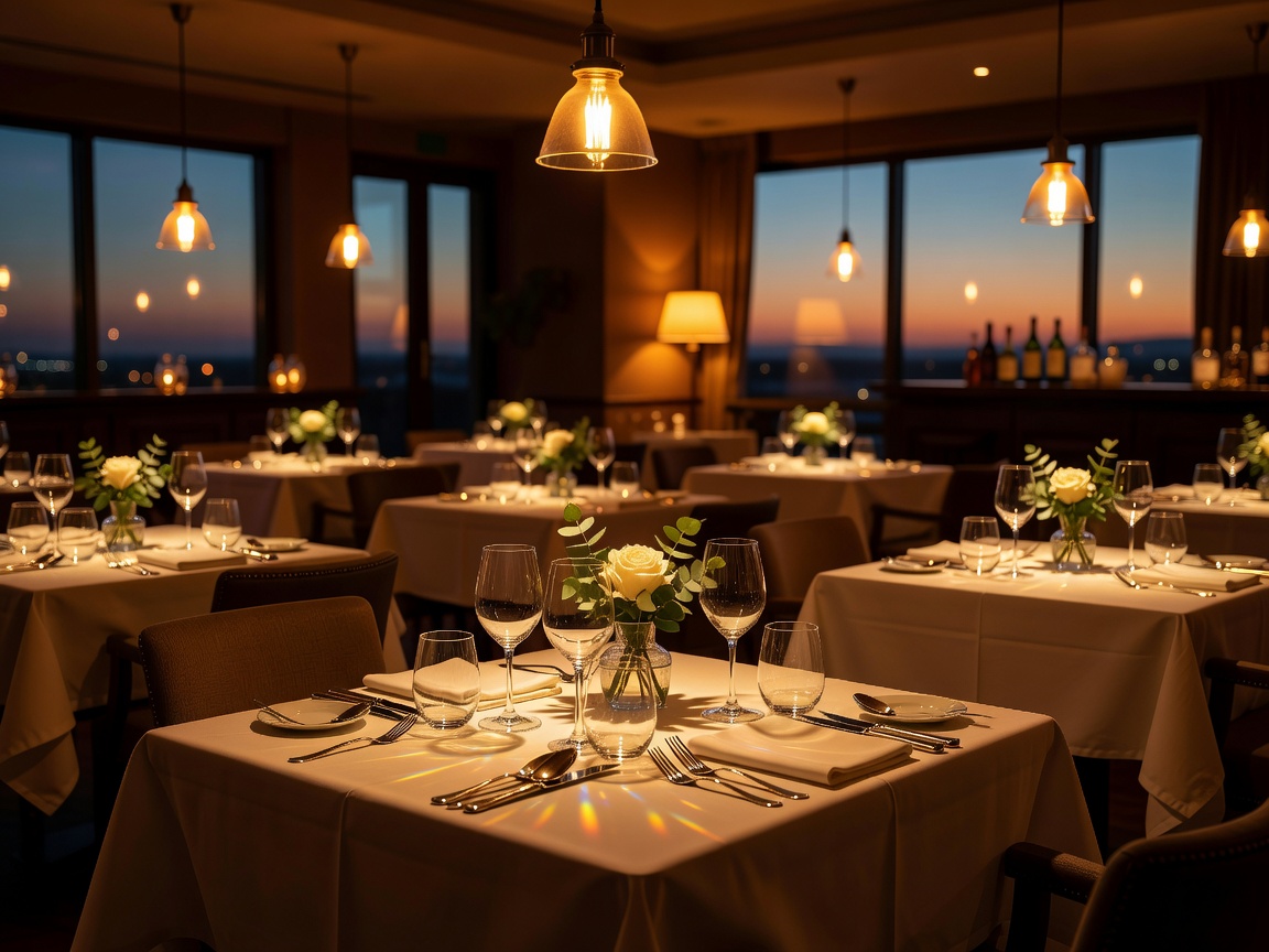 Warmly lit restaurant interior with set tables in the evening