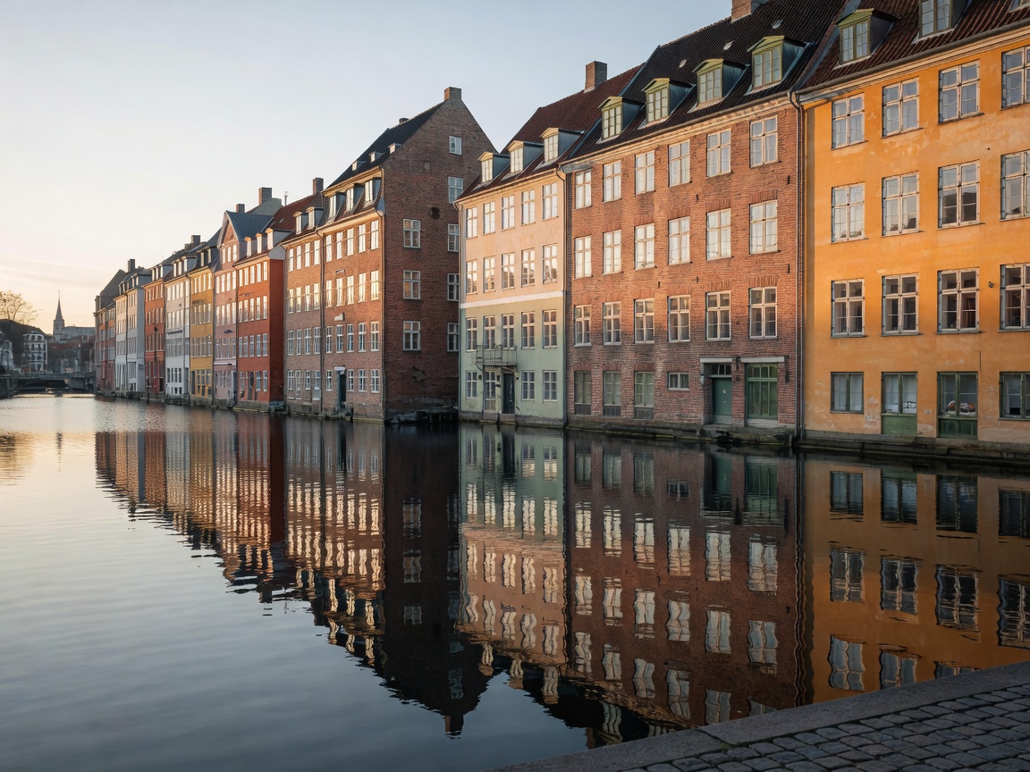 Waterside city buildings reflected in a calm urban canal in Copenhagen