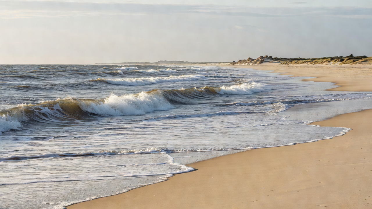 Waves breaking on a broad open sandy beach on the North Zealand coast