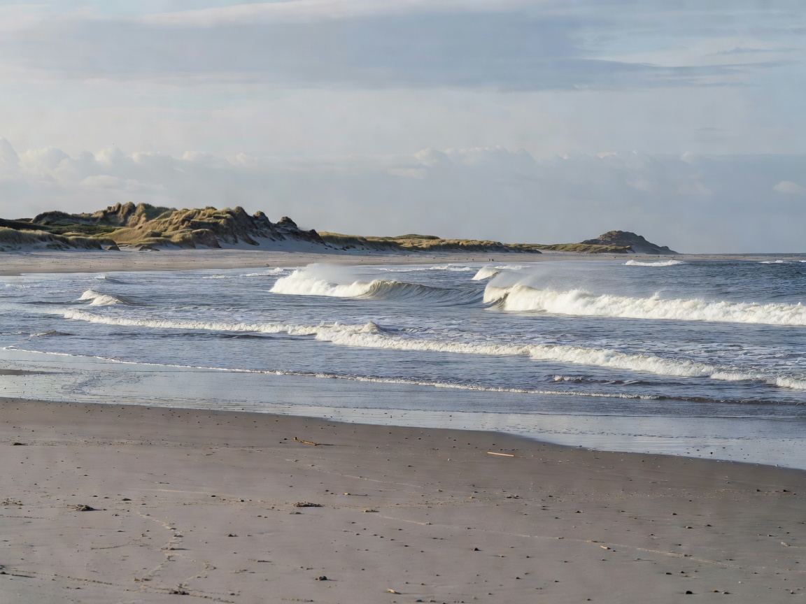 Waves rolling onto a broad open beach in North Zealand style coastal scenery